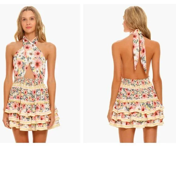 Agua Bendita Maona Ross Floral Mini Dress Size S Handmade Ruffle Cutout Tiered - Picture 2 of 7